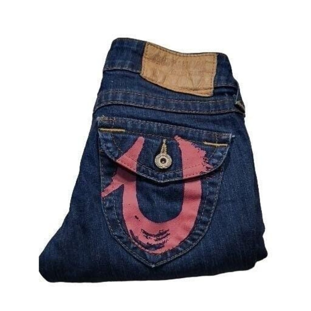 Vintage True Religion Jeans Womens Sz 24 Blue Denim Straight Leg Pink Pockets